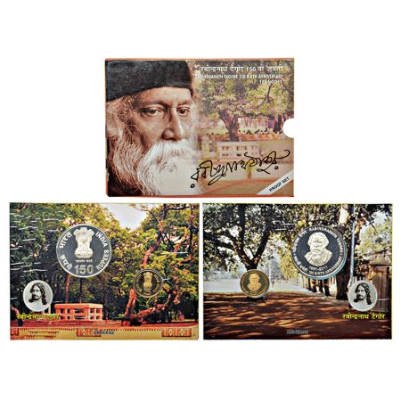 2011, 150th Birth Anniversary of Rabindranath Tagore, proof set of 2 coin, 150 rupees and 
