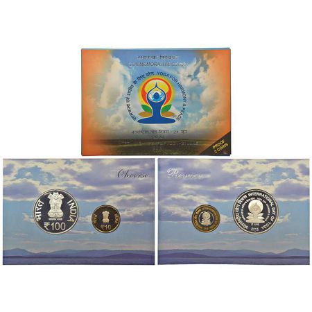 2015, International Day of Yoga, proof set of 2 coins, 100 rupees and 10 rupees, Mumbai mi