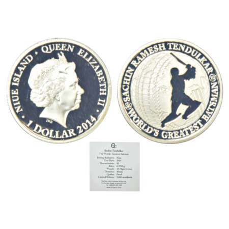 Niue Island, Elizabeth II, Sachin Tendulkar, proof, silver 1 dollar, 2014, 15.55g. Obv: Po