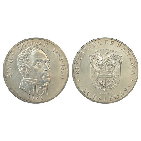 Panama, silver 20 balboas, 1972, KM 31, 130.00g. Obv: Portrait bust of Simon bolivar. Rev: