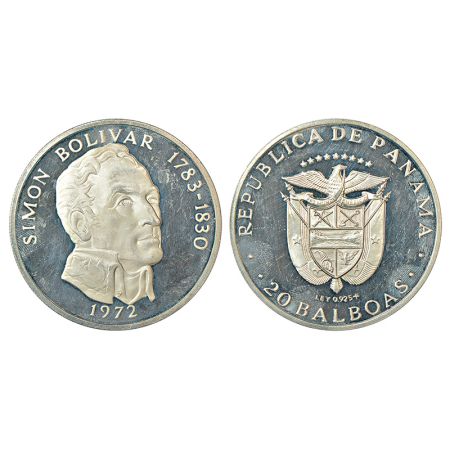 Panama, silver 20 balboas, 1972, KM 31, 130.00g. Obv: Portrait bust of Simon bolivar. Rev: