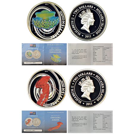 Pitcairn Islands, Elizabeth II, Jelly Fish series, proof silver 2 dollar coins (2), 2011, 