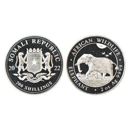 Somalia, African Wild Life, silver 200 shillings, 2022, 2oz silver, 62.2g. Obv: National a