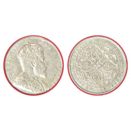 Straits Settlements, Edward VII, silver dollar, 1908, KM 26. Obv: Portrait bust of Edward 