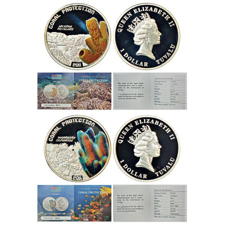 Tavalu, Elizabeth II, Coral Protection Series, proof silver 1 dollar coins (2), 2011, 15.5