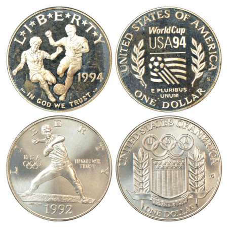 United States of America, silver 1 dollar (2), (A) XXV Olympiad, 1992, A pitcher firing a 