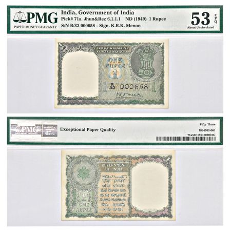 1 rupee, ND (1949), signed by K.R.K Menon, lower serial no.: B32 000658, J&R 6.1.1.1. Exce