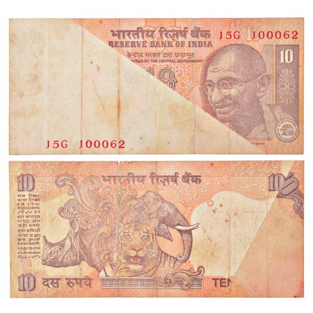 10 rupees, misprint, Gandhi series, signature obliterated, inset 'L', serial no.: 15G 1000
