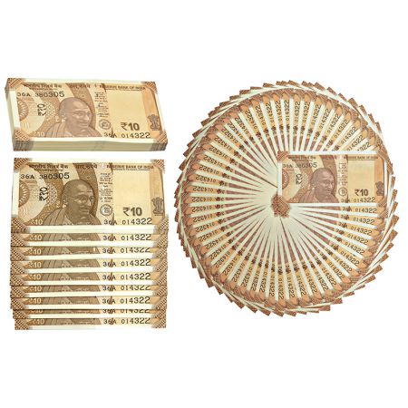 10 rupees, full packet of 100 misprint notes, New Gandhi series, 2018, signed by Urjit Pat