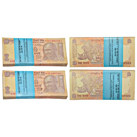 10 rupees, star notes, two bundles (200 notes), Gandhi series, 2011, signed by D. Subbarao