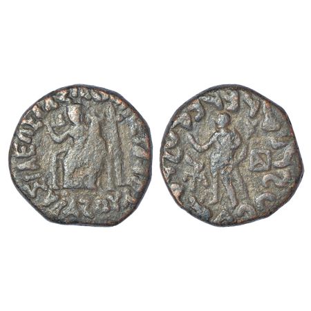 Indo-Scythians, copper coin of Azes (58-30 BC), ISCH 101.1, 12.45g. Obv: City-goddess seat