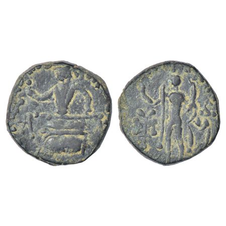 Indo-Scythians, copper unit of Azes (c.45-12 BC), ISCH 107.11, 7.05g. Obv: king seated on 