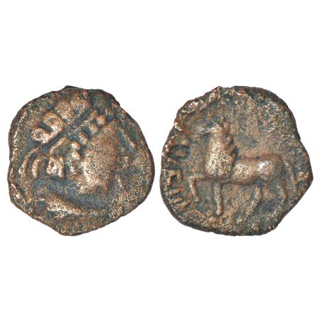 Kushans - copper coin of Vima Takto (c.90-110 AD), imitating issues of Heliokles, possibly