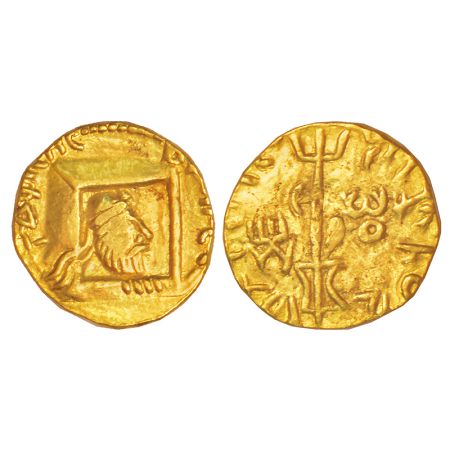 Kushans - gold ¼ dinar of Vima Kadphises (c.110-127 AD), Goebl 9, 1.82g. Obv: bearded king