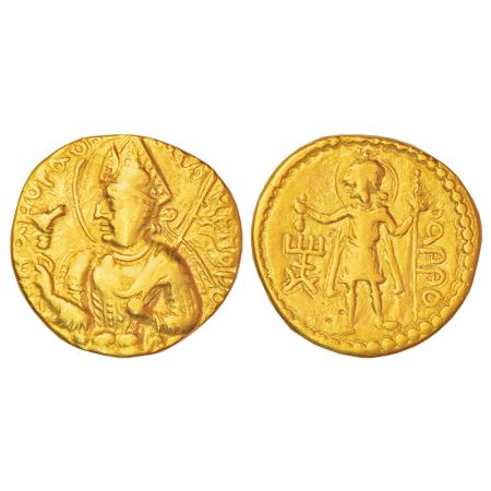 Kushan, gold dinar of Huvishka (150-180 AD), 7.69g. Obv: Nimbate bust of king, wearing con