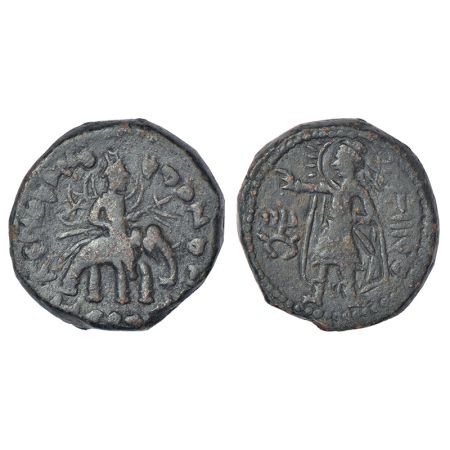 Kushans - copper tetradrachm of Huvishka (c.152-190 AD), similar to PAIC 1791, 16.22g. Obv