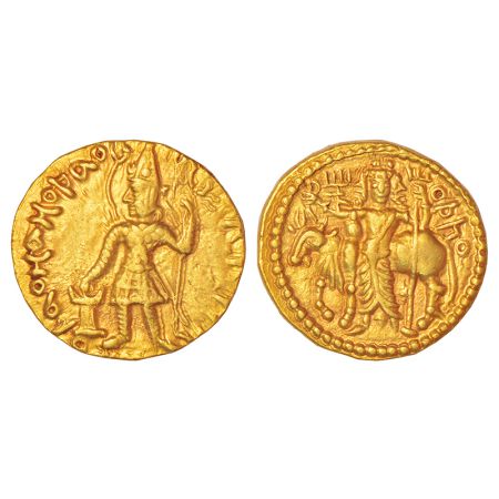 Kushans - gold dinar of Vasudeva (c.180-220 AD), Goebl 512, 8.03g. Obv: nimbate, helmeted 