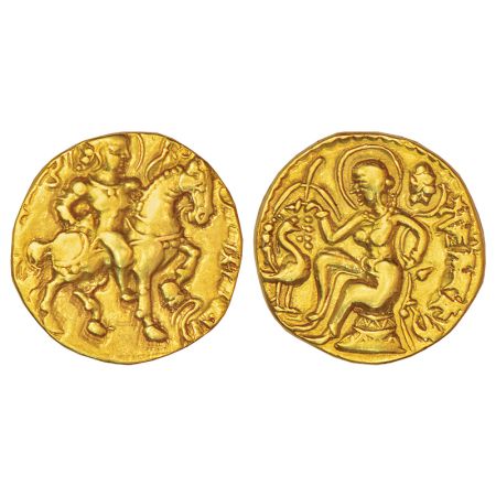 Gupta Empire, gold dinar of Kumar Gupta I (415-450 AD), 'Horseman' type, Altekar class II 