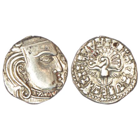 Gupta Empire, silver drachm of Skanda Gupta (c.450-475 AD), 'fan-tailed peacock' or 'Madhy