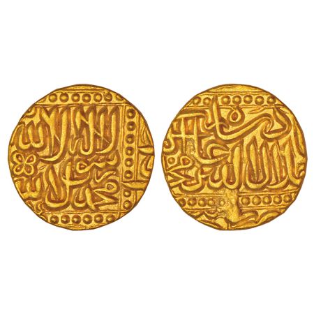 Akbar (1556-1605 AD), gold mohur, Jaunpur mint, AH (98)4, KM 108.3, 10.88g. Obv: Kalima wi