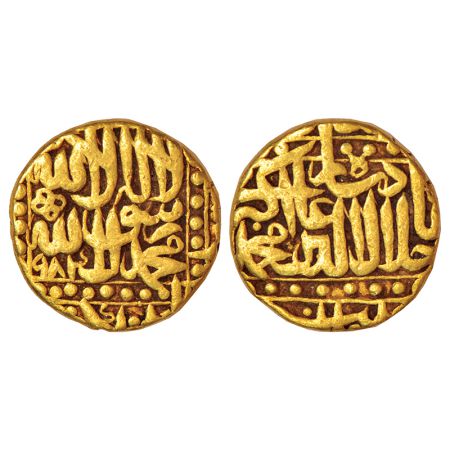 Akbar (1556-1605 AD), gold mohur, Dar al-Zarb Patna mint, AH 984, KM 108.4, 10.79g. Obv: K