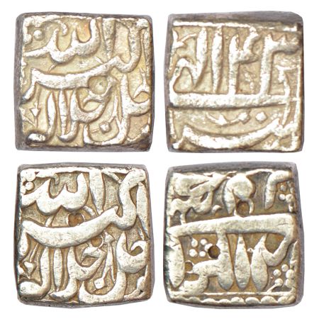 Akbar (1556-1605 AD), silver square rupee (2), mintless type, 1x Tir 43, 11.10g and 1x Sha