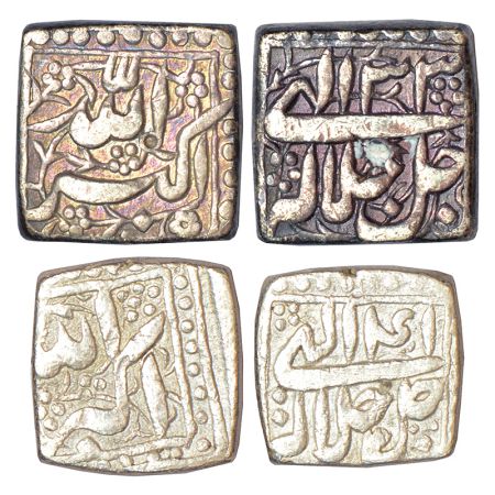 Akbar (1556-1605 AD), silver square coins (2), mintless type, 1x rupee, Ilahi 33, KM 91.1,