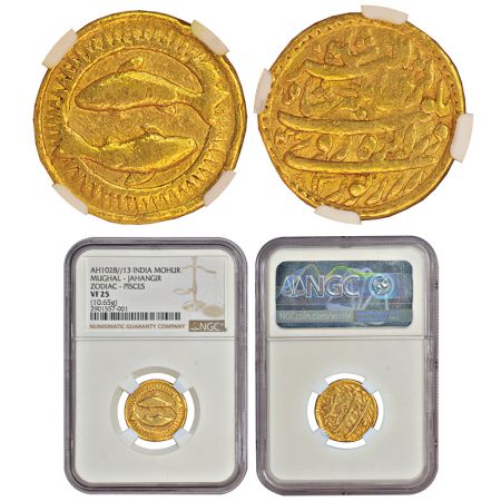 Jahangir (1605-1627 AD), gold zodiacal mohur, Agra mint, 'Pisces' (two fish) sign, AH 1028
