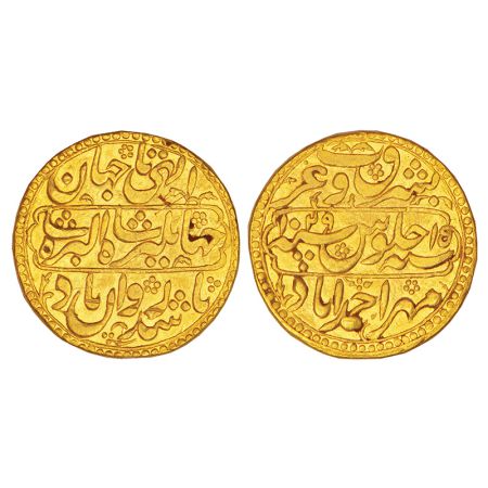 Jahangir (1605-1627 AD), gold mohur, Ahmadabad mint, 'Ba Sharq-wa-Gharb' couplet, AH 1029/