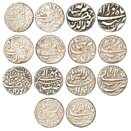 Jahangir (1605-1627 AD), silver rupee, 7 different months, Tatta mint, 1x Farwardin, fish 