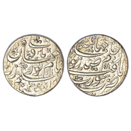 Jahangir with the name of Noor Jahan (1623-1627 AD), silver rupee, Surat mint, 'Sad Zewar'