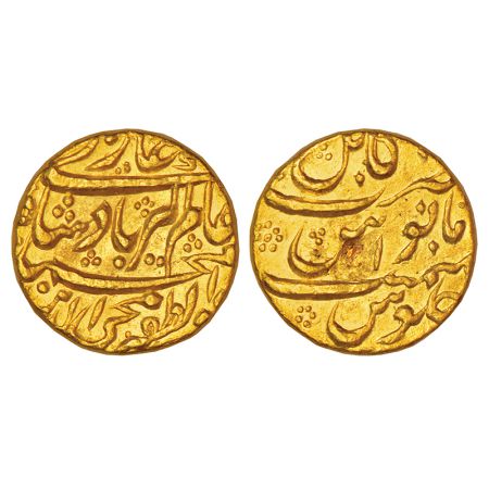 Aurangzeb (1658-1707 AD), gold mohur, Kabul mint at top, RY 1x, KM 314.1, 11.00g. Obv: Per