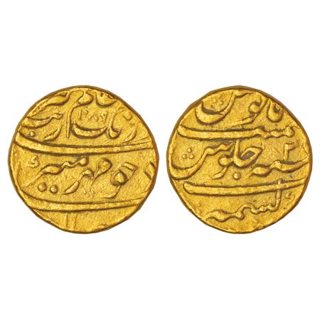 Aurangzeb (1658-1707 AD), gold mohur, Kashmir mint, 'Mihr-e-munir' couplet, AH 1089/RY 3X,