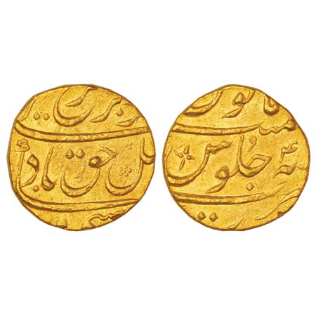 Farrukhsiyar (1713-1719 AD), gold mohur, Surat mint, RY 4, KM 390.32, 11.03g. Very fine, R