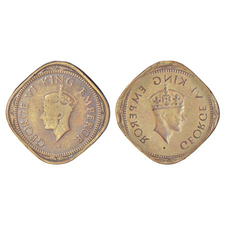 George VI, nickel-brass 2 annas, head type II, obverse part brockage (Lakhi) on reverse. A
