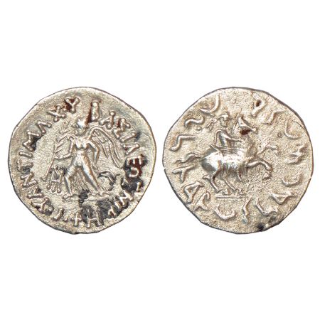Indo-Greeks, silver drachm of Antimachos II (160-155 BC), BN serie 1, 2.25g. Obv: Nike hol
