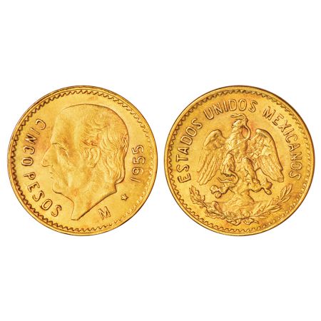 Mexico, Republic (1823-1992 AD), gold 5 pesos, 1955, 'M' mintmark, KM 464, 4.16g. Obv: Por