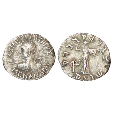Indo-Greeks, silver drachm of Menander I (155-130 BC), BN series 6, 2.24g. Obv: Diademed b