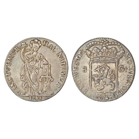 Netherlands-West Friesland, silver 3 gulden, 1794, KM 141, 31.15g. Obv: Female figure lean