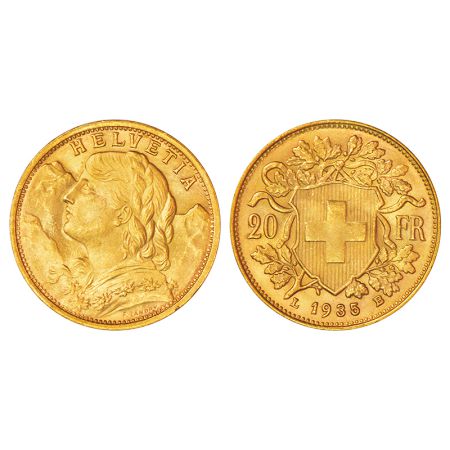 Switzerland, Vreneli series, gold 20 francs, 1935, 'LB' mintmark, KM 35.1, 6.45g. Obv: Por
