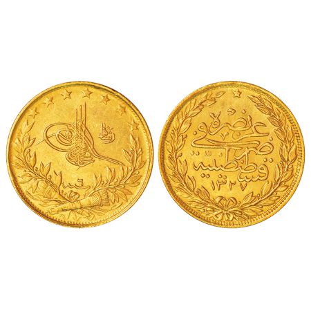 Turkey, Ottoman Empire, Mehmed V (1909-1918 AD), gold 100 kurus, AH 1327/RY 6, KM 754, 7.2