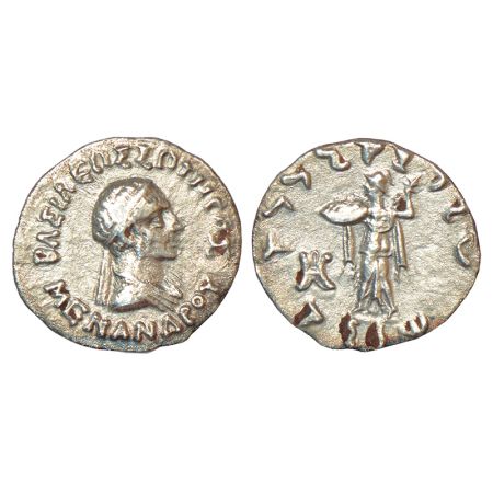 Indo-Greeks, silver drachm of Menander I (155-130 BC), BN series 13, 1.96g. Obv: Diademed 