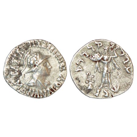 Indo-Greeks, silver drachm of Menander I (155-130 BC), BN series 16, 2.36g. Obv: Diademed 