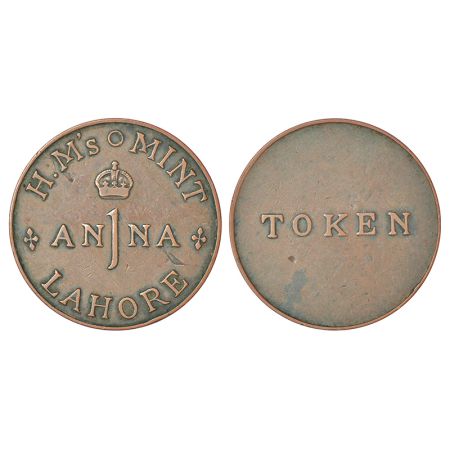 Mint token, bronze 1 anna, H.M. mint, Lahore, PR 174; ICT-100.2.3, 6.36g. Obv: British cro