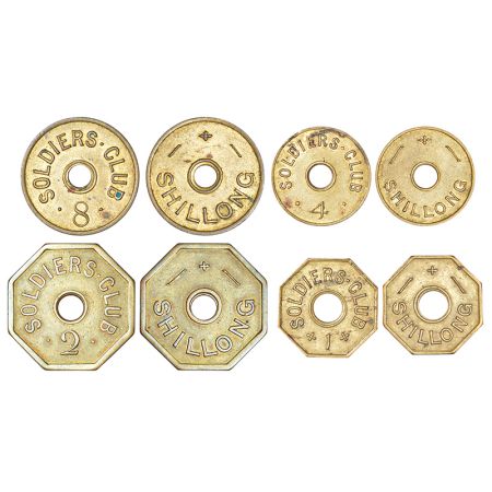 British India Soldier's club Shillong, brass token (4), ND, 1x value 8, unlisted in PR, 6.