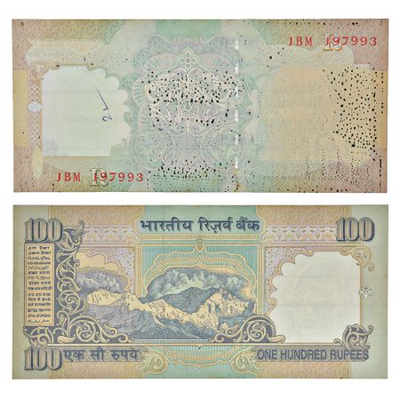 100 rupees, misprint, Gandhi series, ND, unsigned, inset 'R', serial no.: 1BM 197993, most