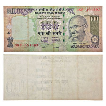100 rupees, misprint, Gandhi series, signed by D. Subbarao, inset 'F', serial no.: 3KP 301