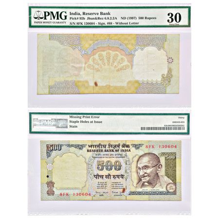 500 rupees, misprint, Gandhi series, signed by Bimal Jalan, without inset, serial no.: 8FK