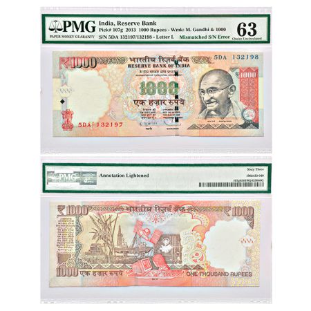 1000 rupees, misprint, Gandhi series, 2013, signed by D. Subbarao, inset 'L', serial no.: 
