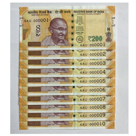 200 rupees, set of 10 fancy number notes, new Gandhi series, 2017, signed by Urjit Patel, 